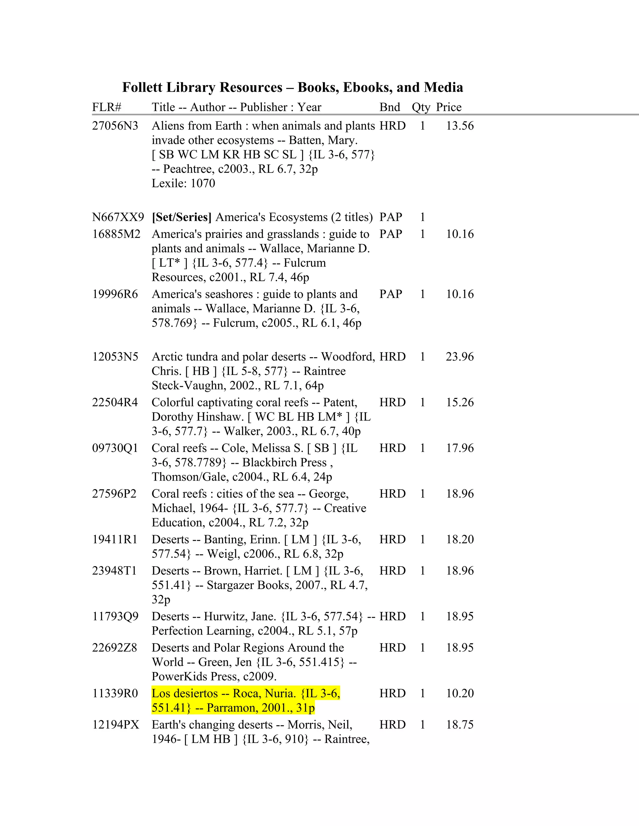 Follett Library Resources – Books, Ebooks, and Media
FLR#       Title -- Author -- Publisher : Year         Bnd Qty Price
27056N3    Aliens from Earth : when animals and plants HRD 1     13.56
           invade other ecosystems -- Batten, Mary.
           [ SB WC LM KR HB SC SL ] {IL 3-6, 577}
           -- Peachtree, c2003., RL 6.7, 32p
           Lexile: 1070

N667XX9 [Set/Series] America's Ecosystems (2 titles) PAP      1
16885M2 America's prairies and grasslands : guide to PAP      1   10.16
        plants and animals -- Wallace, Marianne D.
        [ LT* ] {IL 3-6, 577.4} -- Fulcrum
        Resources, c2001., RL 7.4, 46p
19996R6 America's seashores : guide to plants and    PAP      1   10.16
        animals -- Wallace, Marianne D. {IL 3-6,
        578.769} -- Fulcrum, c2005., RL 6.1, 46p

12053N5 Arctic tundra and polar deserts -- Woodford,    HRD   1   23.96
        Chris. [ HB ] {IL 5-8, 577} -- Raintree
        Steck-Vaughn, 2002., RL 7.1, 64p
22504R4 Colorful captivating coral reefs -- Patent,     HRD   1   15.26
        Dorothy Hinshaw. [ WC BL HB LM* ] {IL
        3-6, 577.7} -- Walker, 2003., RL 6.7, 40p
09730Q1 Coral reefs -- Cole, Melissa S. [ SB ] {IL      HRD   1   17.96
        3-6, 578.7789} -- Blackbirch Press ,
        Thomson/Gale, c2004., RL 6.4, 24p
27596P2 Coral reefs : cities of the sea -- George,      HRD   1   18.96
        Michael, 1964- {IL 3-6, 577.7} -- Creative
        Education, c2004., RL 7.2, 32p
19411R1 Deserts -- Banting, Erinn. [ LM ] {IL 3-6,      HRD   1   18.20
        577.54} -- Weigl, c2006., RL 6.8, 32p
23948T1 Deserts -- Brown, Harriet. [ LM ] {IL 3-6,      HRD   1   18.96
        551.41} -- Stargazer Books, 2007., RL 4.7,
        32p
11793Q9 Deserts -- Hurwitz, Jane. {IL 3-6, 577.54} --   HRD   1   18.95
        Perfection Learning, c2004., RL 5.1, 57p
22692Z8 Deserts and Polar Regions Around the            HRD   1   18.95
        World -- Green, Jen {IL 3-6, 551.415} --
        PowerKids Press, c2009.
11339R0 Los desiertos -- Roca, Nuria. {IL 3-6,          HRD   1   10.20
        551.41} -- Parramon, 2001., 31p
12194PX Earth's changing deserts -- Morris, Neil,       HRD   1   18.75
        1946- [ LM HB ] {IL 3-6, 910} -- Raintree,
 