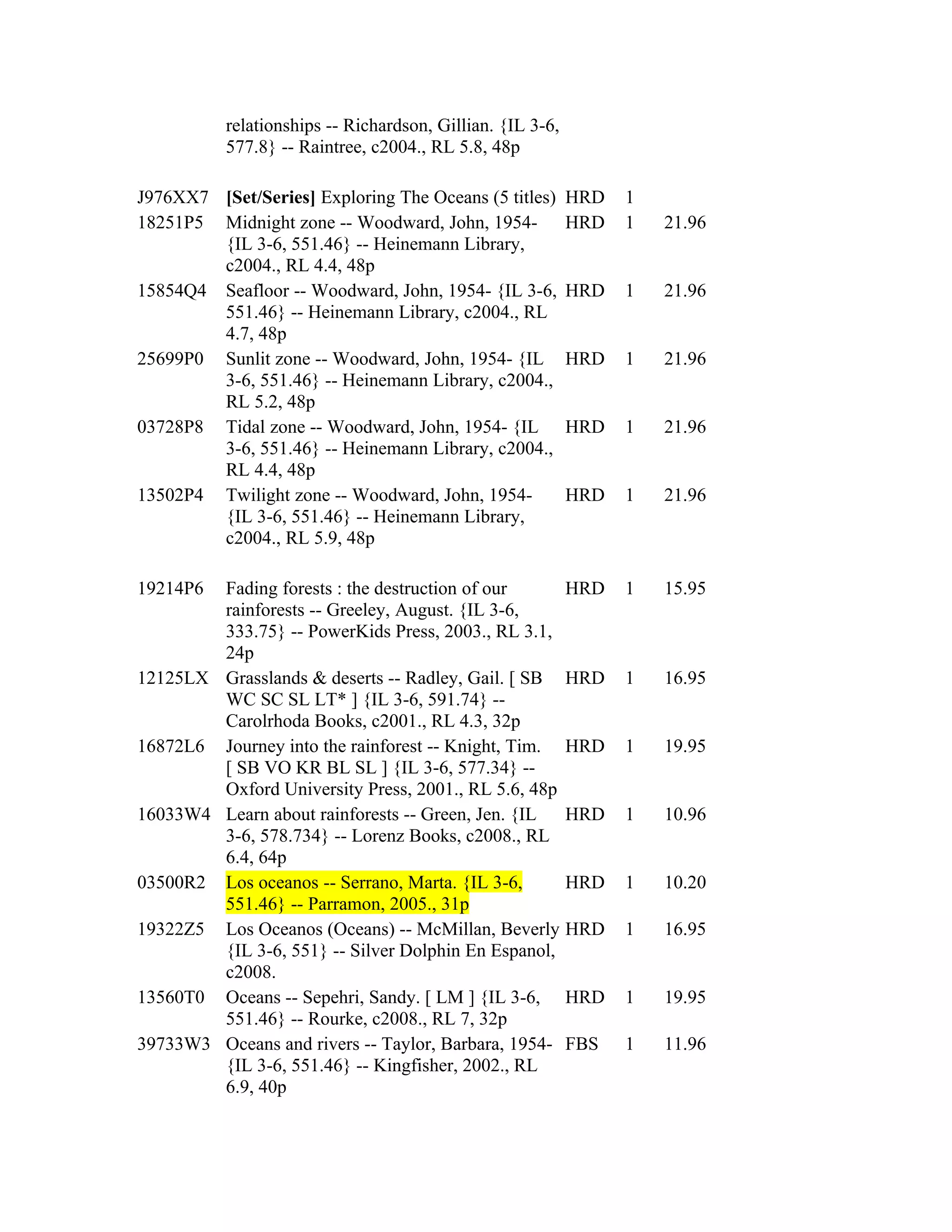 relationships -- Richardson, Gillian. {IL 3-6,
          577.8} -- Raintree, c2004., RL 5.8, 48p

J976XX7 [Set/Series] Exploring The Oceans (5 titles)       HRD   1
18251P5 Midnight zone -- Woodward, John, 1954-             HRD   1   21.96
        {IL 3-6, 551.46} -- Heinemann Library,
        c2004., RL 4.4, 48p
15854Q4 Seafloor -- Woodward, John, 1954- {IL 3-6,         HRD   1   21.96
        551.46} -- Heinemann Library, c2004., RL
        4.7, 48p
25699P0 Sunlit zone -- Woodward, John, 1954- {IL           HRD   1   21.96
        3-6, 551.46} -- Heinemann Library, c2004.,
        RL 5.2, 48p
03728P8 Tidal zone -- Woodward, John, 1954- {IL            HRD   1   21.96
        3-6, 551.46} -- Heinemann Library, c2004.,
        RL 4.4, 48p
13502P4 Twilight zone -- Woodward, John, 1954-             HRD   1   21.96
        {IL 3-6, 551.46} -- Heinemann Library,
        c2004., RL 5.9, 48p

19214P6 Fading forests : the destruction of our            HRD   1   15.95
        rainforests -- Greeley, August. {IL 3-6,
        333.75} -- PowerKids Press, 2003., RL 3.1,
        24p
12125LX Grasslands & deserts -- Radley, Gail. [ SB         HRD   1   16.95
        WC SC SL LT* ] {IL 3-6, 591.74} --
        Carolrhoda Books, c2001., RL 4.3, 32p
16872L6 Journey into the rainforest -- Knight, Tim.        HRD   1   19.95
        [ SB VO KR BL SL ] {IL 3-6, 577.34} --
        Oxford University Press, 2001., RL 5.6, 48p
16033W4 Learn about rainforests -- Green, Jen. {IL         HRD   1   10.96
        3-6, 578.734} -- Lorenz Books, c2008., RL
        6.4, 64p
03500R2 Los oceanos -- Serrano, Marta. {IL 3-6,            HRD   1   10.20
        551.46} -- Parramon, 2005., 31p
19322Z5 Los Oceanos (Oceans) -- McMillan, Beverly          HRD   1   16.95
        {IL 3-6, 551} -- Silver Dolphin En Espanol,
        c2008.
13560T0 Oceans -- Sepehri, Sandy. [ LM ] {IL 3-6,          HRD   1   19.95
        551.46} -- Rourke, c2008., RL 7, 32p
39733W3 Oceans and rivers -- Taylor, Barbara, 1954-        FBS   1   11.96
        {IL 3-6, 551.46} -- Kingfisher, 2002., RL
        6.9, 40p
 