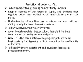 Functional Level con’t…
 To buy competitively; buying competitively involves:
• Keeping abreast of the forces of supply and demand that
regulate prices and availability of materials in the market
place.
• Understanding of suppliers cost structure computed with an
ability to help improve the cost structure.
 To buy wisely; buying wisely involves:
• A continued search for better values that yield the best
combination of quality service and price.
• Note: It is the combination of buying competitively and
buying wisely that typically contribute most to the profitability
of the firm.
 To keep inventory investment and inventory losses at a
practical minimum.
 