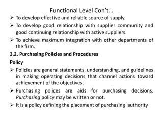 Functional Level Con’t…
 To develop effective and reliable source of supply.
 To develop good relationship with supplier community and
good continuing relationship with active suppliers.
 To achieve maximum integration with other departments of
the firm.
3.2. Purchasing Policies and Procedures
Policy
 Policies are general statements, understanding, and guidelines
in making operating decisions that channel actions toward
achievement of the objectives.
 Purchasing polices are aids for purchasing decisions.
Purchasing policy may be written or not.
 It is a policy defining the placement of purchasing authority
 