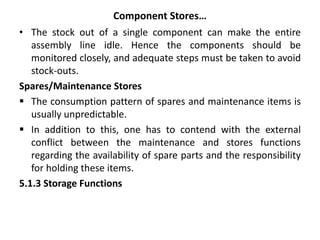 Component Stores…
• The stock out of a single component can make the entire
assembly line idle. Hence the components should be
monitored closely, and adequate steps must be taken to avoid
stock-outs.
Spares/Maintenance Stores
 The consumption pattern of spares and maintenance items is
usually unpredictable.
 In addition to this, one has to contend with the external
conflict between the maintenance and stores functions
regarding the availability of spare parts and the responsibility
for holding these items.
5.1.3 Storage Functions
 