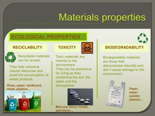 RECICLABILITY
ECOLOGICAL PROPERTIES
Paper,
water-
soluble
plastics…
Glass, paper, cardboard,
metal, plastics…
Recyclable materials
can be reused.
BIODEGRADABILITYTOXICITY
Toxic materials are
harmful to the
environment
They can be poisonous
for living as they
contamine the soil, the
water and the
atmosphere.
Biodegradable materials
are those that
descompose naturally and
don´t cause damage to the
environment.
Mercury, heavy metals,
petroleum…
They help conserve
natural resources and
avoid the accumulation of
waste products.
 