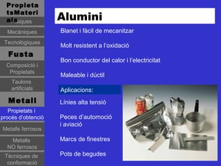 Propieta
  tsMateri
  als
   Físiques
                    Alumini
  Mecàniques        Blanet i fàcil de mecanitzar
 Tecnològiques
                    Molt resistent a l’oxidació
   Fusta
                    Bon conductor del calor i l’electricitat
  Composició i
   Propietats
                    Maleable i dúctil
    Taulons
    artificials     Aplicacions:
   Metall           Línies alta tensió
   Propietats i
procés d’obtenció   Peces d’automoció
                    i aviació
Metalls ferrosos

   Metalls          Marcs de finestres
  NO ferrosos
 Tècniques de       Pots de begudes
  conformació
 
