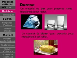 Propieta
  tsMateri
  als
                    Duresa
   Físiques
                    Un material és dur quan presenta molta
  Mecàniques        resistència a ser ratllat.
 Tecnològiques

   Fusta
  Composició i
   Propietats
    Taulons
    artificials
                    Un material és blanet quan presenta poca
   Metall
                    resistència a ser ratllat.
   Propietats i
procés d’obtenció

Metalls ferrosos

   Metalls
  NO ferrosos
 Tècniques de
  conformació
 