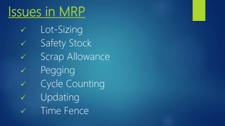 Issues in MRP
 Lot-Sizing
 Safety Stock
 Scrap Allowance
 Pegging
 Cycle Counting
 Updating
 Time Fence
 