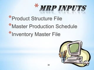 *
*Product Structure File
*Master Production Schedule
*Inventory Master File



               18
 