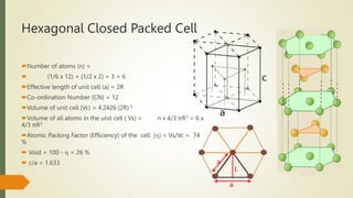 Hexagonal Closed Packed Cell
Number of atoms (n) =
 (1/6 x 12) + (1/2 x 2) + 3 = 6
Effective length of unit cell (a) = 2R
Co-ordination Number (CN) = 12
Volume of unit cell (Vc) = 4.2426 (2R) 3
Volume of all atoms in the unit cell ( Vs) = n x 4/3 πR3 = 6 x
4/3 πR3
Atomic Packing Factor (Efficiency) of the cell () = Vs/Vc = 74
%
 Void = 100 -  = 26 %
 c/a = 1.633
a
a
L
 