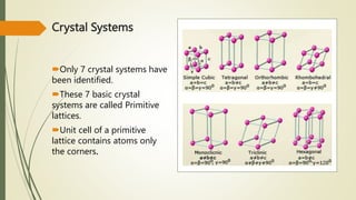 Crystal Systems
Only 7 crystal systems have
been identified.
These 7 basic crystal
systems are called Primitive
lattices.
Unit cell of a primitive
lattice contains atoms only
the corners.
 