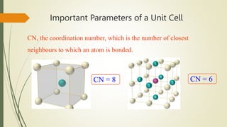 Important Parameters of a Unit Cell
CN, the coordination number, which is the number of closest
neighbours to which an atom is bonded.
CN = 6
CN = 8
 