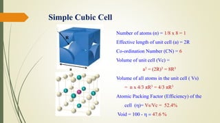 Simple Cubic Cell
Number of atoms (n) = 1/8 x 8 = 1
Effective length of unit cell (a) = 2R
Co-ordination Number (CN) = 6
Volume of unit cell (Vc) =
a3 = (2R)3 = 8R3
Volume of all atoms in the unit cell ( Vs)
= n x 4/3 πR3 = 4/3 πR3
Atomic Packing Factor (Efficiency) of the
cell ()= Vs/Vc = 52.4%
Void = 100 -  = 47.6 %
a
R
 