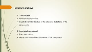 Structure of alloys
1. Solid solution
• Variation in composition
• Usually the crystal structure of the solution is that of one of the
components
2. Intermetallic compound
• Fixed composition
• Crystal structure different from either of the components
 