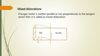 Mixed dislocations
Slip No Slip
𝑡
𝑏
If burger vector is neither parallel or nor perpendicular to the tangent
vector then it is called as mixed dislocation
 