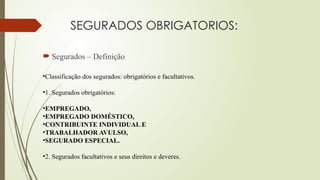 SEGURADOS OBRIGATORIOS:
 Segurados – Definição
•Classificação dos segurados: obrigatórios e facultativos.
•1. Segurados obrigatórios:
•EMPREGADO,
•EMPREGADO DOMÉSTICO,
•CONTRIBUINTE INDIVIDUAL E
•TRABALHADOR AVULSO,
•SEGURADO ESPECIAL.
•2. Segurados facultativos e seus direitos e deveres.
 