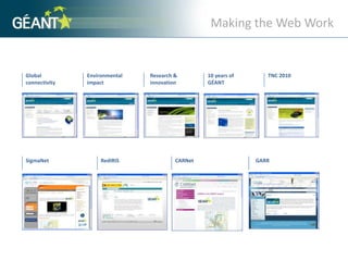 Making the Web WorkEnvironmental impactResearch & innovation10 years of GÉANTTNC 2010Global connectivityRedIRISSigmaNetCARNetGARR