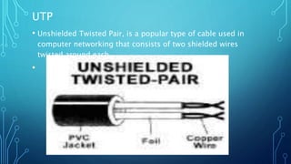 UTP
• Unshielded Twisted Pair, is a popular type of cable used in
computer networking that consists of two shielded wires
twisted around each
•
 