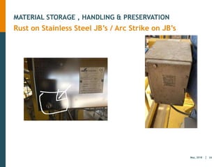 24
May, 2018
MATERIAL STORAGE , HANDLING & PRESERVATION
Rust on Stainless Steel JB’s / Arc Strike on JB’s
 