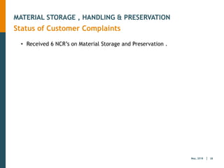 28
May, 2018
MATERIAL STORAGE , HANDLING & PRESERVATION
Status of Customer Complaints
• Received 6 NCR’s on Material Storage and Preservation .
 