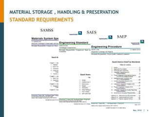 6
May, 2018
MATERIAL STORAGE , HANDLING & PRESERVATION
STANDARD REQUIREMENTS
SAMSS
SAES
SAEP
 