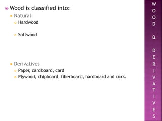  Wood is classified into:
 Natural:
 Hardwood
 Softwood
 Derivatives
 Paper, cardboard, card
 Plywood, chipboard, fiberboard, hardboard and cork.
 