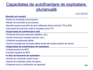 Capacitatea de autofinanţare de exploatare, plurianuală n   n-1   n-2   n-3 Rezultat net contabil +Datorii la amortizări şi provizioane -Reluări de amortizări şi provizioane -Rezultat asupra cesiunilor de activ (diferenţa dintre conturile 775 şi 675) -Cota parte de subvenţii virate la rezultate (cont 777) = Capacitatea de autofinanţare netă +Cheltuieli financiare efectuate (dobânzi, etc.) -Venituri financiare încasate (venituri, etc.) +Cheltuieli excepţionale plătite -Venituri excepţionale încasate (altele decât cele asupra ieşirilor de active) = Capacitatea de autofinanţare de exploatare -Variaţia pozitivă de NFR +Variaţia negativă de NFR = I. Flux de trezorerie de exploatare -Achiziţii de imobilizări (valori brute) +Ieşirile de imobilizări (valori de ieşire) -Creşterea brută a cheltuielilor de repartizat 