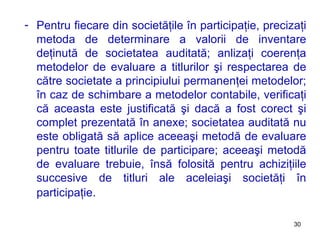 Pentru fiecare din societ ăţ ile  în participaţie, precizaţi metoda de determinare a valorii de inventare deţinută de societatea auditată ;  anlizaţi coerenţa metodelor de evaluare a titlurilor şi respectarea de către societate a principiului permanenţei metodelor ;  în caz de schimbare a metodelor contabile, verificaţi că aceasta este justificată   şi dacă a fost corect şi complet prezentată în anexe ;  societatea auditată nu este obligată să aplice aceeaşi metodă de evaluare pentru toate titlurile de participare ;  aceeaşi metodă de evaluare trebuie, însă folosită pentru achiziţiile succesive de titluri ale aceleiaşi societăţi în participaţie . 