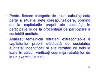 Pentru fiecare categorie de titluri, calculaţi cota parte a situaţiei nete corespunzătoare, pornind de la capitalurile proprii ale societăţii în participaţie şi de la procentajul de participare a societăţii auditate. Analizaţi temeinicia retratării extracontabile a capitalurilor proprii efectuată de societatea auditată ;  indentificaţi şi alte retratări ce trebuie luate în calcul; verificaţi coerenţa retratărilor de la un exerciţiu la altul. 