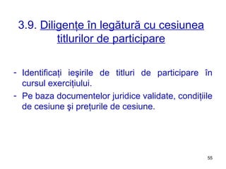 3.9.  Diligenţe în legătură cu cesiunea titlurilor de participare Identificaţi ieşirile de titluri de participare în cursul exerciţiului.  Pe baza documentelor juridice validate, condiţiile de cesiune şi preţurile de cesiune. 