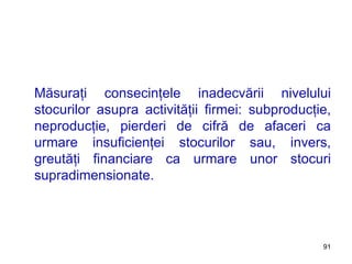 Măsuraţi consecinţele inadecvării nivelului stocurilor asupra activităţii firmei: subproducţie, neproducţie, pierderi de cifră de afaceri ca urmare insuficienţei stocurilor sau, invers, greutăţi financiare ca urmare unor stocuri supradimensionate. 