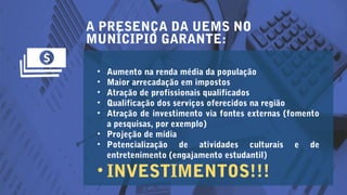 A PRESENÇA DA UEMS NO
MUNÍCIPIO GARANTE:
• Aumento na renda média da população
• Maior arrecadação em impostos
• Atração de profissionais qualificados
• Qualificação dos serviços oferecidos na região
• Atração de investimento via fontes externas (fomento
a pesquisas, por exemplo)
• Projeção de mídia
• Potencialização de atividades culturais e de
entretenimento (engajamento estudantil)
• INVESTIMENTOS!!!
 