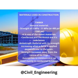 @Civil_Engineering
MATERIALS USED IN CONSTRUCTION
TIMBER
-Natural material.
- Strength of 2 MPa - 11 MPa (or 400 psi
- 1500 psi)
-It is one of the oldest materials.
-Coniferous and Deciduous are it's
subclasses
-Anisotropic material with its strength
increasing when a force is applied
perpendicular to the grain.
-Strength increases away from the
centre of its rings.
-Susceptible to moisture and rot
-Used mainly in residential buildings
 