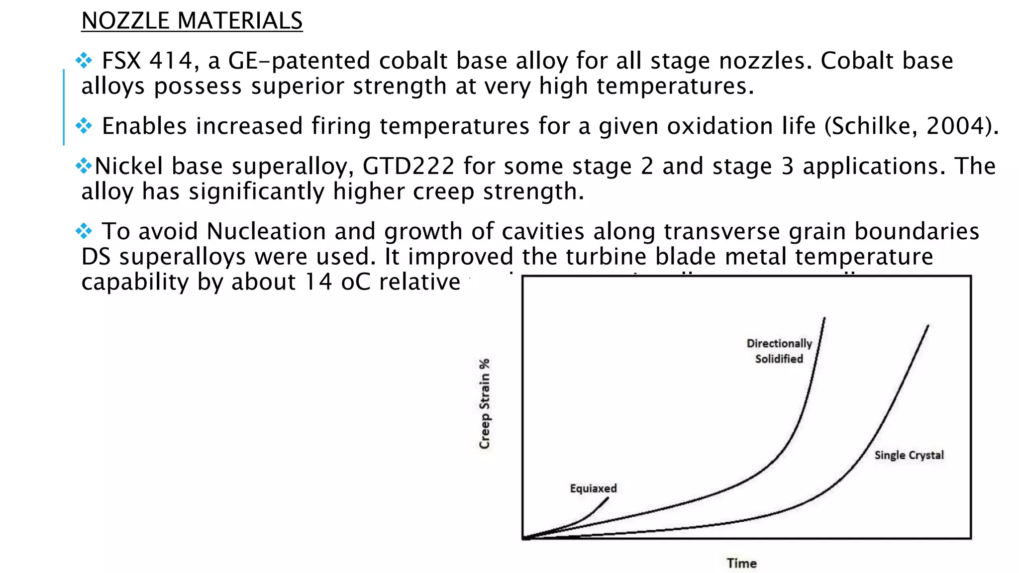 NOZZLE MATERIALS
 FSX 414, a GE-patented cobalt base alloy for all stage nozzles. Cobalt base
alloys possess superior strength at very high temperatures.
 Enables increased firing temperatures for a given oxidation life (Schilke, 2004).
Nickel base superalloy, GTD222 for some stage 2 and stage 3 applications. The
alloy has significantly higher creep strength.
 To avoid Nucleation and growth of cavities along transverse grain boundaries
DS superalloys were used. It improved the turbine blade metal temperature
capability by about 14 oC relative to the conventionally cast superalloys.
 