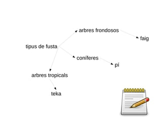 arbres frondosos
                                        faig
tipus de fusta

                     coníferes
                                   pí
  arbres tropicals


           teka
 