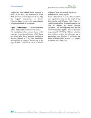 www.researchgate.net 2nd
Aug. 2021
Research Gate is an academic social networking site
This is an open access article, Research Gate is a European commercial social networking site for scientists and researchers.
topologically close-packed phases including σ
phase. In the CEF, the mathematical model
divides the phase into different sub lattices.
Iron Chromium Phase Diagram
With chromium contents between 20 and 70%
,the “sigma” microstructure is formed.
Following figure No-shows the phase diagram
for iron chromium in all proportions.
Sigma Microstructure.- “This microstructure
is hard, brittle and poor corrosion resistance.”
The sigma phase is the prominent feature of the
important system iron-chromium. which forms
only slowly, after lengthy annealing found a new
structure denoted o. X-ray and microscopic
investigations on samples annealed up to 60
days at 600°C confirmed 0, which is formed
below a temperature of 832°C: Because of the
slow equilibration rate and the small driving
force (i.e. the small difference ) this system is a
typical example where the phase boundaries can
only be assessed by thermo chemical
calculation. The then surprising result was the
observation that the 0 phase closes at the lower
temperature of 440°C (Fig.-12) below which the
solid solutions in iron and chromium are in
equilibrium, thus forming a miscibility gap
which metastable closes at about 575°C (shown
as a dotted curve in Fig.-12)
 