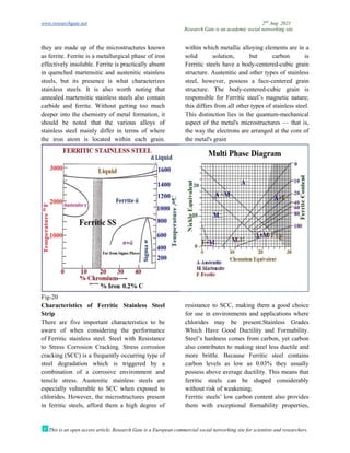 www.researchgate.net
This is an open access article, Research Gate is a European commercial social networking site for scientists and researchers.
they are made up of the microstructures known
as ferrite. Ferrite is a metallurgical phase of iron
effectively insoluble. Ferrite is practically absent
in quenched martensitic and austenitic stainless
steels, but its presence is what characterizes
stainless steels. It is also worth noting that
annealed martensitic stainless steels also contain
carbide and ferrite. Without getting too much
deeper into the chemistry of metal formation, it
should be noted that the various alloys of
stainless steel mainly differ in terms of where
the iron atom is located within e
Fig-20
Characteristics of Ferritic Stainless Steel
Strip
There are five important characteristics to be
aware of when considering the performance
of Ferritic stainless steel. Steel with Resistance
to Stress Corrosion Cracking. Stress corrosion
cracking (SCC) is a frequently occurring type of
steel degradation which is triggered by a
combination of a corrosive environment and
tensile stress. Austenitic stainless steels are
especially vulnerable to SCC when exposed to
chlorides. However, the microstructures present
in ferritic steels, afford them a high degree of
Research Gate is an academic social networking site
This is an open access article, Research Gate is a European commercial social networking site for scientists and researchers.
they are made up of the microstructures known
Ferrite is a metallurgical phase of iron
within which metallic alloying ele
solid solution, but carbon is
effectively insoluble. Ferrite is practically absent
in quenched martensitic and austenitic stainless
steels, but its presence is what characterizes
stainless steels. It is also worth noting that
nsitic stainless steels also contain
Without getting too much
deeper into the chemistry of metal formation, it
should be noted that the various alloys of
stainless steel mainly differ in terms of where
the iron atom is located within each grain.
Ferritic steels have a body-centered
structure. Austenitic and other types of stainless
steel, however, possess a face
structure. The body-centered
responsible for Ferritic steel’s magnetic nature;
this differs from all other types of stainless steel.
This distinction lies in the quantum
aspect of the metal's microstructures
the way the electrons are arranged at the core of
the metal's grain
Characteristics of Ferritic Stainless Steel
There are five important characteristics to be
aware of when considering the performance
Steel with Resistance
Stress corrosion
frequently occurring type of
steel degradation which is triggered by a
combination of a corrosive environment and
tensile stress. Austenitic stainless steels are
especially vulnerable to SCC when exposed to
chlorides. However, the microstructures present
in ferritic steels, afford them a high degree of
resistance to SCC, making them a good choice
for use in environments and applications where
chlorides may be present.Stainless Grades
Which Have Good Ductility and
Steel’s hardness comes from ca
also contributes to making steel less ductile and
more brittle. Because Ferritic
carbon levels as low as 0.03% they usually
possess above average ductility. This means that
ferritic steels can be shaped considerably
without risk of weakening.
Ferritic steels’ low carbon content also provides
them with exceptional formability properties,
2nd
Aug. 2021
Research Gate is an academic social networking site
This is an open access article, Research Gate is a European commercial social networking site for scientists and researchers.
within which metallic alloying elements are in a
solid solution, but carbon is
centered-cubic grain
structure. Austenitic and other types of stainless
steel, however, possess a face-centered grain
centered-cubic grain is
steel’s magnetic nature;
differs from all other types of stainless steel.
This distinction lies in the quantum-mechanical
aspect of the metal's microstructures — that is,
the way the electrons are arranged at the core of
resistance to SCC, making them a good choice
for use in environments and applications where
chlorides may be present.Stainless Grades
Which Have Good Ductility and Formability.
hardness comes from carbon, yet carbon
also contributes to making steel less ductile and
Ferritic steel contains
carbon levels as low as 0.03% they usually
possess above average ductility. This means that
ferritic steels can be shaped considerably
Ferritic steels’ low carbon content also provides
them with exceptional formability properties,
 