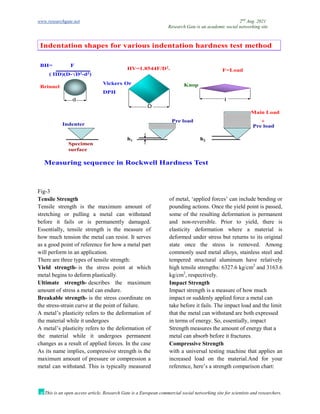 www.researchgate.net 2nd
Aug. 2021
Research Gate is an academic social networking site
This is an open access article, Research Gate is a European commercial social networking site for scientists and researchers.
Indenter
Specimen
surface
h1 h2
Pre load
Pre load
Main Load
+
d
D
I
Brinnel
Vickers Or
DPH
Knop
Indentation shapes for various indentation hardness test method
Measuring sequence in Rockwell Hardness Test
HV=1.8544F/D2.
BH= F
( ΠD)(D-√D2-d2)
F=Load
Fig-3
Tensile Strength
Tensile strength is the maximum amount of
stretching or pulling a metal can withstand
before it fails or is permanently damaged.
Essentially, tensile strength is the measure of
how much tension the metal can resist. It serves
as a good point of reference for how a metal part
will perform in an application.
There are three types of tensile strength:
Yield strength- is the stress point at which
metal begins to deform plastically.
Ultimate strength- describes the maximum
amount of stress a metal can endure.
Breakable strength- is the stress coordinate on
the stress-strain curve at the point of failure.
A metal’s plasticity refers to the deformation of
the material while it undergoes
A metal’s plasticity refers to the deformation of
the material while it undergoes permanent
changes as a result of applied forces. In the case
of metal, ‘applied forces’ can include bending or
pounding actions. Once the yield point is passed,
some of the resulting deformation is permanent
and non-reversible. Prior to yield, there is
elasticity deformation where a material is
deformed under stress but returns to its original
state once the stress is removed. Among
commonly used metal alloys, stainless steel and
tempered structural aluminum have relatively
high tensile strengths: 6327.6 kg/cm2
and 3163.6
kg/cm2
, respectively.
Impact Strength
Impact strength is a measure of how much
impact or suddenly applied force a metal can
take before it fails. The impact load and the limit
that the metal can withstand are both expressed
in terms of energy. So, essentially, impact
Strength measures the amount of energy that a
metal can absorb before it fractures.
Compressive Strength
As its name implies, compressive strength is the
maximum amount of pressure or compression a
metal can withstand. This is typically measured
with a universal testing machine that applies an
increased load on the material.And for your
reference, here’s a strength comparison chart:
 