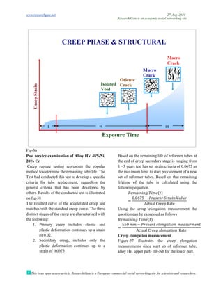 www.researchgate.net
This is an open access article, Research Gate is a European commercial social networking site for scientists and researchers.
Fig-36
Post service examination of Alloy HV 48%Ni,
28% Cr
Creep rupture testing represents th
method to determine the remaining tube life. The
Test had conducted this test to develop a specific
criteria for tube replacement, regardless the
general criteria that has been developed by
others. Results of the conducted test is illustrated
on fig-38
The resulted curve of the accelerated creep test
matches with the standard creep curve. The three
distinct stages of the creep are characterised with
the following:
1. Primary creep includes elastic and
plastic deformation continues up a strain
of 0.02.
2. Secondary creep, includes only the
plastic deformation continues up to a
strain of 0.0675
Research Gate is an academic social networking site
This is an open access article, Research Gate is a European commercial social networking site for scientists and researchers.
Post service examination of Alloy HV 48%Ni,
Creep rupture testing represents the popular
e the remaining tube life. The
had conducted this test to develop a specific
criteria for tube replacement, regardless the
general criteria that has been developed by
others. Results of the conducted test is illustrated
The resulted curve of the accelerated creep test
matches with the standard creep curve. The three
distinct stages of the creep are characterised with
Primary creep includes elastic and
plastic deformation continues up a strain
Secondary creep, includes only the
plastic deformation continues up to a
Based on the remaining life of reformer tubes at
the end of creep secondary stage
1 ~3 years test has set strain criteria of 0.0675 as
the maximum limit to start procurement of a new
set of reformer tubes. Based on that remaining
lifetime of the tube is calculated using the
following equation.
𝑅𝑒𝑚𝑎𝑖𝑛𝑖𝑛𝑔 𝑇𝑖𝑚𝑒(𝑡)
=
0.0675 − 𝑃𝑟𝑒𝑠𝑒𝑛𝑡 𝑆𝑡𝑟𝑎𝑖𝑛
Actual Creep
Using the creep elongation measurement the
question can be expressed as follows
𝑅𝑒𝑚𝑎𝑖𝑛𝑖𝑛𝑔 𝑇𝑖𝑚𝑒(𝑡)
=
550 𝑚𝑚 − 𝑃𝑟𝑒𝑠𝑒𝑛𝑡 𝑒𝑙𝑜𝑛𝑔𝑎𝑡𝑖𝑜𝑛
Actual Creep alongation
Creep elongation measurement
Figure-37 illustrates the cr
measurements since start up of reformer tube,
alloy Hv. upper part- HP-Nb for the lower part.
2nd
Aug. 2021
Research Gate is an academic social networking site
This is an open access article, Research Gate is a European commercial social networking site for scientists and researchers.
Based on the remaining life of reformer tubes at
the end of creep secondary stage is ranging from
n criteria of 0.0675 as
limit to start procurement of a new
set of reformer tubes. Based on that remaining
lifetime of the tube is calculated using the
𝑆𝑡𝑟𝑎𝑖𝑛 𝑉𝑎𝑙𝑢𝑒
Rate
creep elongation measurement the
question can be expressed as follows
𝑒𝑙𝑜𝑛𝑔𝑎𝑡𝑖𝑜𝑛 𝑚𝑒𝑎𝑠𝑢𝑟𝑚𝑒𝑛𝑡
alongation Rate
Creep elongation measurement
the creep elongation
measurements since start up of reformer tube,
Nb for the lower part.
 