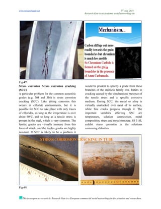 www.researchgate.net 2nd
Aug. 2021
Research Gate is an academic social networking site
This is an open access article, Research Gate is a European commercial social networking site for scientists and researchers.
Fig-47
Stress corrosion Stress corrosion cracking
(SCC)
A particular problem for the common austenitic
grades (e.g. 304 and 316) is stress corrosion
cracking (SCC). Like pitting corrosion this
occurs in chloride environments, but it is
possible for SCC to take place with only traces
of chlorides, so long as the temperature is over
about 60°C, and so long as a tensile stress is
present in the steel, which is very common. The
ferritic grades are virtually immune from this
form of attack, and the duplex grades are highly
resistant. If SCC is likely to be a problem it
would be prudent to specify a grade from these
branches of the stainless family tree. Refers to
cracking caused by the simultaneous presence of
the tensile stress and a specific corrosive
medium. During SCC, the metal or alloy is
virtually unattacked over most of its surface,
while fine cracks progress through it. The
important variables effecting SSC are
temperature, solution composition, metal
composition, stress and metal structure. SS 316L
exhibit stress corrosion in the solutions
containing chlorides.
Fig-48
 