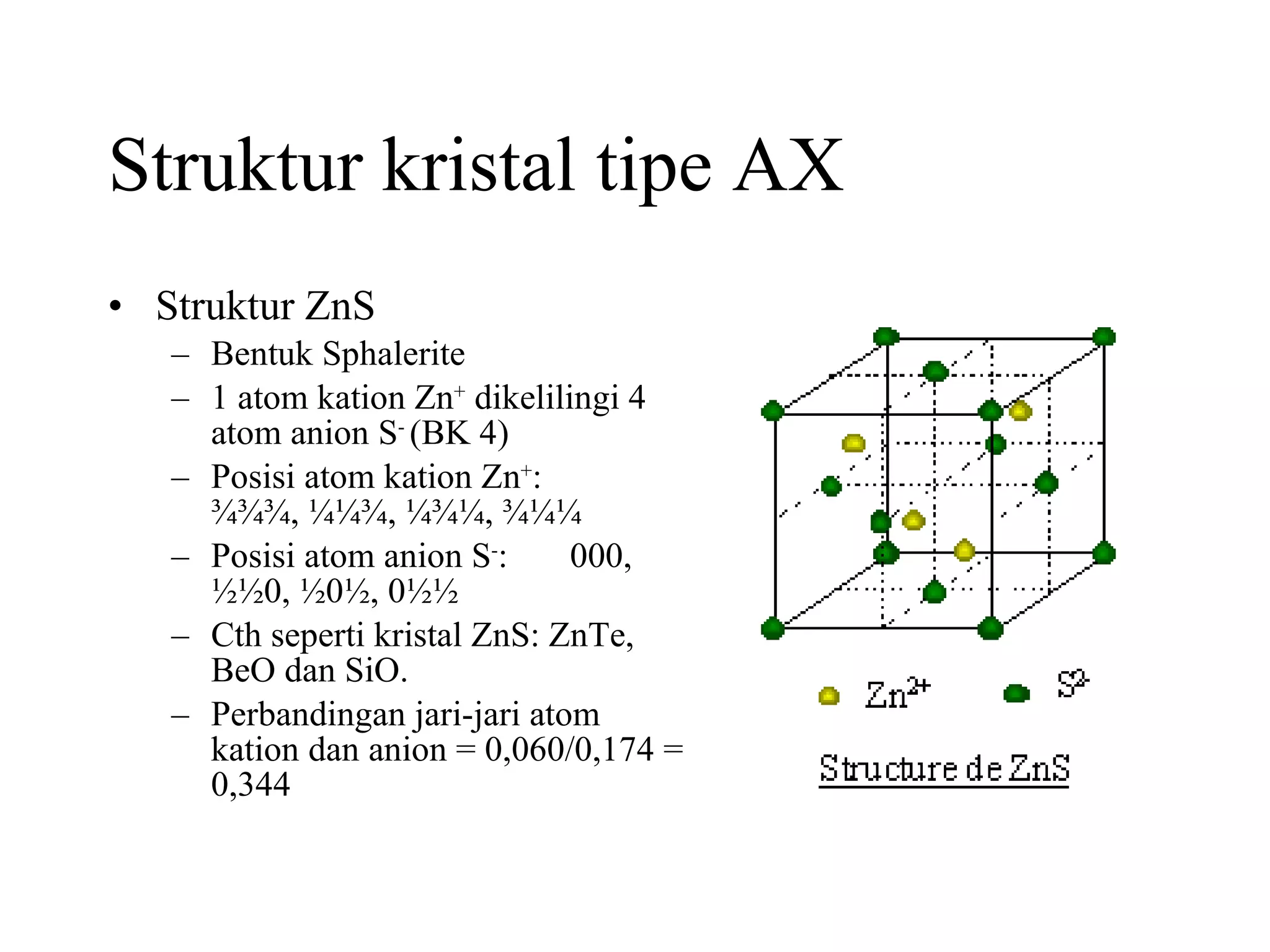 Struktur kristal tipe AX Struktur ZnS Bentuk Sphalerite 1 atom kation Zn +  dikelilingi 4 atom anion S -  (BK 4) Posisi atom kation Zn + :  ¾¾¾, ¼¼¾, ¼¾¼, ¾¼¼  Posisi atom anion S - :  000, ½½0, ½0½, 0½½  Cth seperti kristal ZnS: ZnTe, BeO dan SiO. Perbandingan jari-jari atom kation dan anion = 0,060/0,174 = 0,344 