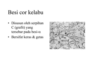 Besi cor kelabu
• Disusun oleh serpihan
C (grafit) yang
tersebar pada besi-a
• Bersifat keras & getas
 