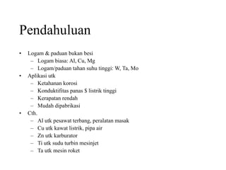 Pendahuluan
• Logam & paduan bukan besi
– Logam biasa: Al, Cu, Mg
– Logam/paduan tahan suhu tinggi: W, Ta, Mo
• Aplikasi utk
– Ketahanan korosi
– Konduktifitas panas $ listrik tinggi
– Kerapatan rendah
– Mudah dipabrikasi
• Cth.
– Al utk pesawat terbang, peralatan masak
– Cu utk kawat listrik, pipa air
– Zn utk karburator
– Ti utk sudu turbin mesinjet
– Ta utk mesin roket
 