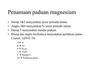 Penamaan paduan magnesium
• Hurup 1&2 menyatakan unsur pemadu utama
• Angka 3&4 menyatakan % unsur pemadu utama
• Hurup 5 menyatakan standar paduan
• Hurup dan angka berikutnya menyatakan perlakuan panas
Contoh. AZ91C-T6
A Al
Z  Zn
9  9%Al
1  1%Zn
C  Standar C
T6  Perlakuan panas
 