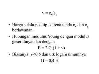  = x/y
• Harga selalu positip, karena tanda x dan y
berlawanan.
• Hubungan modulus Young dengan modulus
geser dinyatalan dengan
E = 2 G (1 + )
• Biasanya <0,5 dan utk logam umumnya
G = 0,4 E
 