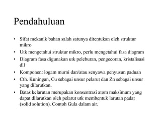 Pendahuluan
• Sifat mekanik bahan salah satunya ditentukan oleh struktur
mikro
• Utk mengetahui struktur mikro, perlu mengetahui fasa diagram
• Diagram fasa digunakan utk peleburan, pengecoran, kristalisasi
dll
• Komponen: logam murni dan/atau senyawa penyusun paduan
• Cth. Kuningan, Cu sebagai unsur pelarut dan Zn sebagai unsur
yang dilarutkan.
• Batas kelarutan merupakan konsentrasi atom maksimum yang
dapat dilarutkan oleh pelarut utk membentuk larutan padat
(solid solution). Contoh Gula dalam air.
 
