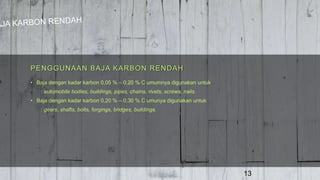 13
• Baja dengan kadar karbon 0,05 % – 0,20 % C umumnya digunakan untuk
: automobile bodies, buildings, pipes, chains, rivets, screws, nails.
• Baja dengan kadar karbon 0,20 % – 0,30 % C umunya digunakan untuk
: gears, shafts, bolts, forgings, bridges, buildings.
PENGGUNAAN BAJA KARBON RENDAH
 