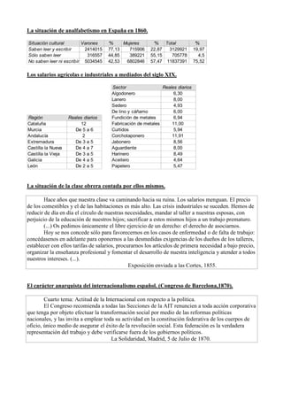 La situación de analfabetismo en España en 1860.
Situación cultural Varones '% Mujeres '% Total '%
Saben leer y escribir 2414015 77,13 715906 22,87 3129921 19,97
Sólo saben leer 316557 44,85 389221 55,15 705778 4,5
No saben leer ni escribir 5034545 42,53 6802846 57,47 11837391 75,52
Los salarios agrícolas e industriales a mediados del siglo XIX.
Región Reales diarios
Cataluña 12
Murcia De 5 a 6
Andalucía 2
Extremadura De 3 a 5
Castilla la Nueva De 4 a 7
Castilla la Vieja De 3 a 5
Galicia De 4 a 5
León De 2 a 5
Sector Reales diarios
Algodonero 6,30
Lanero 8,00
Sedero 4,93
De lino y cáñamo 6,00
Fundición de metales 6,94
Fabricación de metales 11,00
Curtidos 5,94
Corchotaponero 11,91
Jabonero 8,56
Aguardiente 8,00
Harinero 8,49
Aceitero 4,64
Papelero 5,47
La situación de la clase obrera contada por ellos mismos.
Hace años que nuestra clase va caminando hacia su ruina. Los salarios menguan. El precio
de los comestibles y el de las habitaciones es más alto. Las crisis industriales se suceden. Hemos de
reducir de día en día el círculo de nuestras necesidades, mandar al taller a nuestras esposas, con
perjuicio de la educación de nuestros hijos; sacrificar a estos mismos hijos a un trabajo prematuro.
(...) Os pedimos únicamente el libre ejercicio de un derecho: el derecho de asociarnos.
Hoy se nos concede sólo para favorecernos en los casos de enfermedad o de falta de trabajo:
concédasenos en adelante para oponernos a las desmedidas exigencias de los dueños de los talleres,
establecer con ellos tarifas de salarios, procurarnos los artículos de primera necesidad a bajo precio,
organizar la enseñanza profesional y fomentar el desarrollo de nuestra inteligencia y atender a todos
nuestros intereses. (...).
Exposición enviada a las Cortes, 1855.
El carácter anarquista del internacionalismo español. (Congreso de Barcelona,1870).
Cuarto tema: Actitud de la Internacional con respecto a la política.
El Congreso recomienda a todas las Secciones de la AIT renuncien a toda acción corporativa
que tenga por objeto efectuar la transformación social por medio de las reformas políticas
nacionales, y las invita a emplear toda su actividad en la constitución federativa de los cuerpos de
oficio, único medio de asegurar el éxito de la revolución social. Esta federación es la verdadera
representación del trabajo y debe verificarse fuera de los gobiernos políticos.
La Solidaridad, Madrid, 5 de Julio de 1870.
 