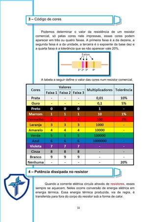 22
Podemos determinar o valor da resistência de um resistor
comercial, só pelas cores nele impressas, essas cores podem
aparecer em três ou quatro faixas. A primeira faixa é a da dezena, a
segunda faixa é a da unidade, a terceira é o expoente da base dez e
a quarta faixa é a tolerância que se não aparecer vale 20%.
A tabela a seguir define o valor das cores num resistor comercial.
Quando a corrente elétrica circula através de resistores, esses
sempre se aquecem. Neles ocorre conversão de energia elétrica em
energia térmica. Essa energia térmica produzida, via de regra, é
transferida para fora do corpo do resistor sob a forma de calor.
3 – Código de cores
4 – Potência dissipada no resistor
 