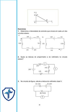 32
Exercícios
1. Determine a intensidade da corrente que circula em cada um dos
circuitos abaixo.
2. Quais as leituras do amperímetro e do voltímetro no circuito
abaixo?
3. No circuito da figura, calcule a leitura do voltímetro ideal V.
 