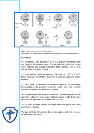7
OBS1: O induzido fica com cara contrária à do indutor;
OBS2:A Terra é um imenso condutor, sempre em condições de fornecer ou de receber elétrons livres.
Exercícios
11. Um corpo A, com carga QA = 8.10-6
C, é colocado em contato com
um corpo B, inicialmente neutro. Em seguida, são afastados um do
outro. Sabendo que a carga do corpo B, após o contato, é de 5.10-6
C,
calcule a nova carga do corpo A.
12. Duas esferas metálicas idênticas, de cargas 4. 10-6
C e 6.10-6
C,
foram colocadas em contato. Determine a carga de cada uma após o
contato.
13. Para evitar a formação de centelhas elétricas, os caminhões
transportadores de gasolina costumam andar com uma corrente
metálica arrastando-se pelo chão. Explique.
14. Um pedaço de borracha é atritado em uma certa região de sua
superfície, adquirindo uma carga negativa naquela região. Esta carga
se distribuirá na superfície de borracha? Por que?
15. Por que, em dias úmidos, um corpo eletrizado perde sua carga
com relativa rapidez?
16. Que partícula é transferida de um corpo para o outro no processo
de eletrização por atrito?
 