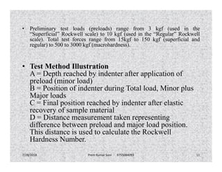 • Preliminary test loads (preloads) range from 3 kgf (used in the
“Superficial” Rockwell scale) to 10 kgf (used in the “Regular” Rockwell
scale). Total test forces range from 15kgf to 150 kgf (superficial and
regular) to 500 to 3000 kgf (macrohardness).
• Test Method Illustration
A = Depth reached by indenter after application of
preload (minor load)
B = Position of indenter during Total load, Minor plusB = Position of indenter during Total load, Minor plus
Major loads
C = Final position reached by indenter after elastic
recovery of sample material
D = Distance measurement taken representing
difference between preload and major load position.
This distance is used to calculate the Rockwell
Hardness Number.
7/28/2018 Prem Kumar Soni 9755084093 11
 