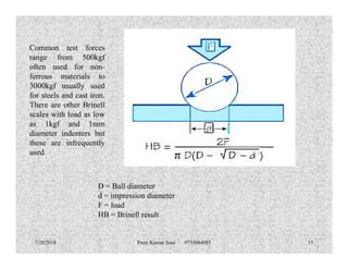 Common test forces
range from 500kgf
often used for non-
ferrous materials to
3000kgf usually used
for steels and cast iron.
There are other Brinell
scales with load as low
as 1kgf and 1mm
diameter indenters but
7/28/2018 Prem Kumar Soni 9755084093 15
D = Ball diameter
d = impression diameter
F = load
HB = Brinell result
diameter indenters but
these are infrequently
used.
 